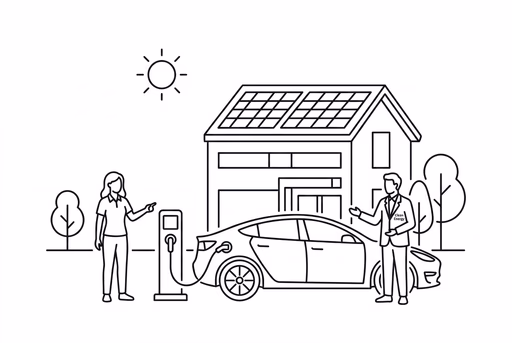 Vonalrajz egy napelemes házról és elektromos autóról