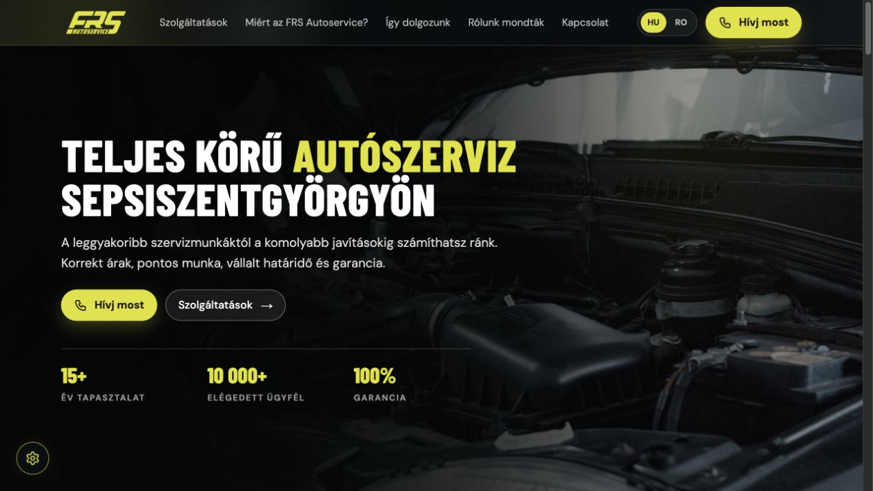 Az FRS Autoservice weboldalának kezdőképernyője