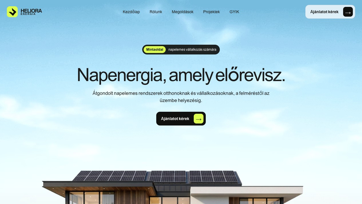 A Heliora Energia bemutató weboldalának kezdőképernyője