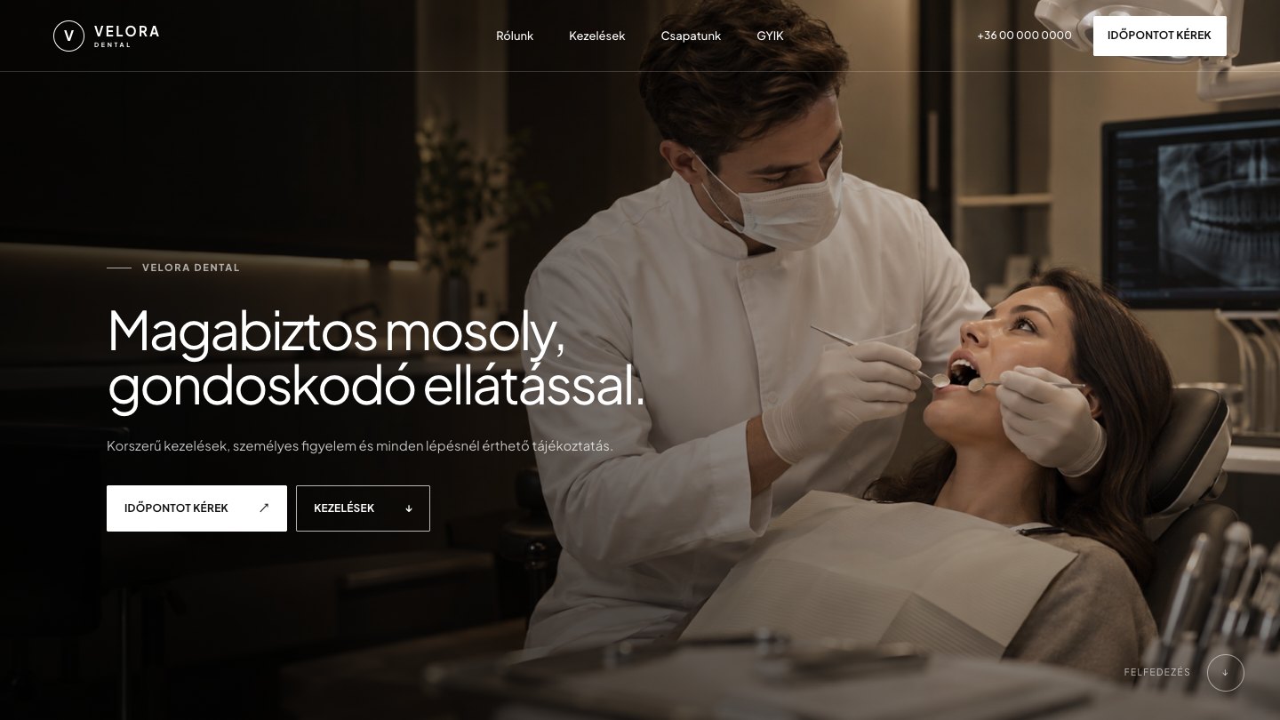 A Velora Dental bemutató weboldalának kezdőképernyője